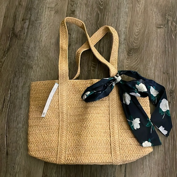 DRAPER JAMES‎ Everyday Straw Tote with Blue Floral Scarf Shoulder Bag Purse - Picture 1 of 5